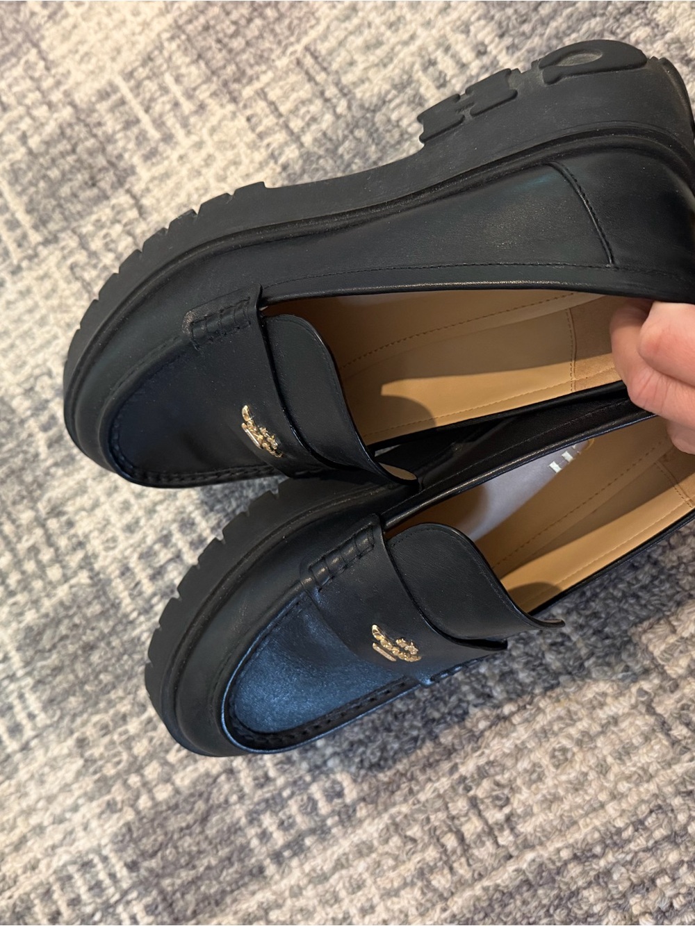 Coach Black Leather Slip-On Penny Loafers with Gold Logo - Picture 5 of 7